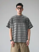 半袖Tシャツ メンズ クルーネック ストライプ柄 ルーズ オーバーサイズ ストリート 上品 夏