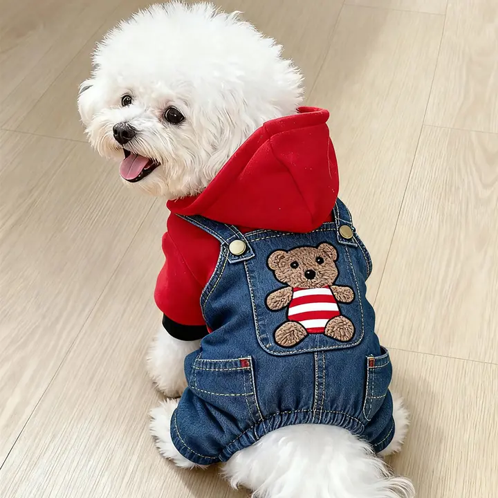 犬用秋冬デニムパッチワークハーネス付きフード付きウェア【保温・トイプードル・シュナウザー・キャットウェア対応】（セットアップ対応）