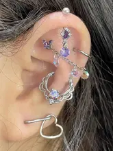 紫色のビジュー付き吊り下げイヤリング【チタン製・パールデザイン・両頭タイプ・取り外し可能】