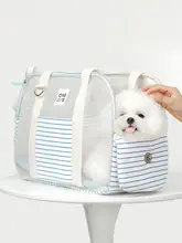 夏用ペット用通気性バッグ【青白ストライプ・肩掛け・手提げタイプ】