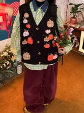 南瓜刺繍Vネックニットベスト【ユニセックス・レトロデザイン・秋冬用】（セットアップ対応）