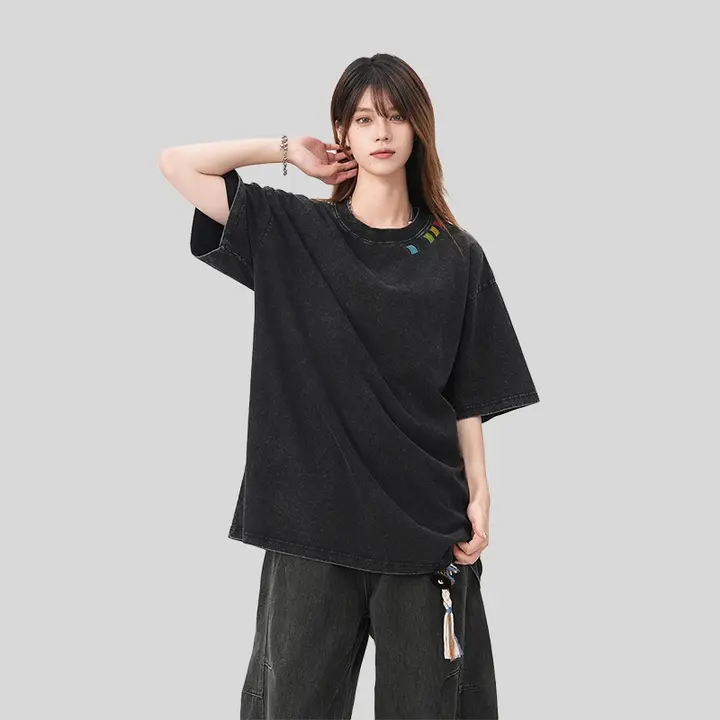 Tシャツ トップス ユニセックス 半袖 タイダイ カラフル刺繍 オーバーサイズ 厚手 ウォッシュ加工 アメリカン風 きれいめ 夏