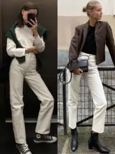 高品質な米白色のデニムパンツ【ハイウエスト・ストレート・九分丈・夏用】（セットアップ対応）