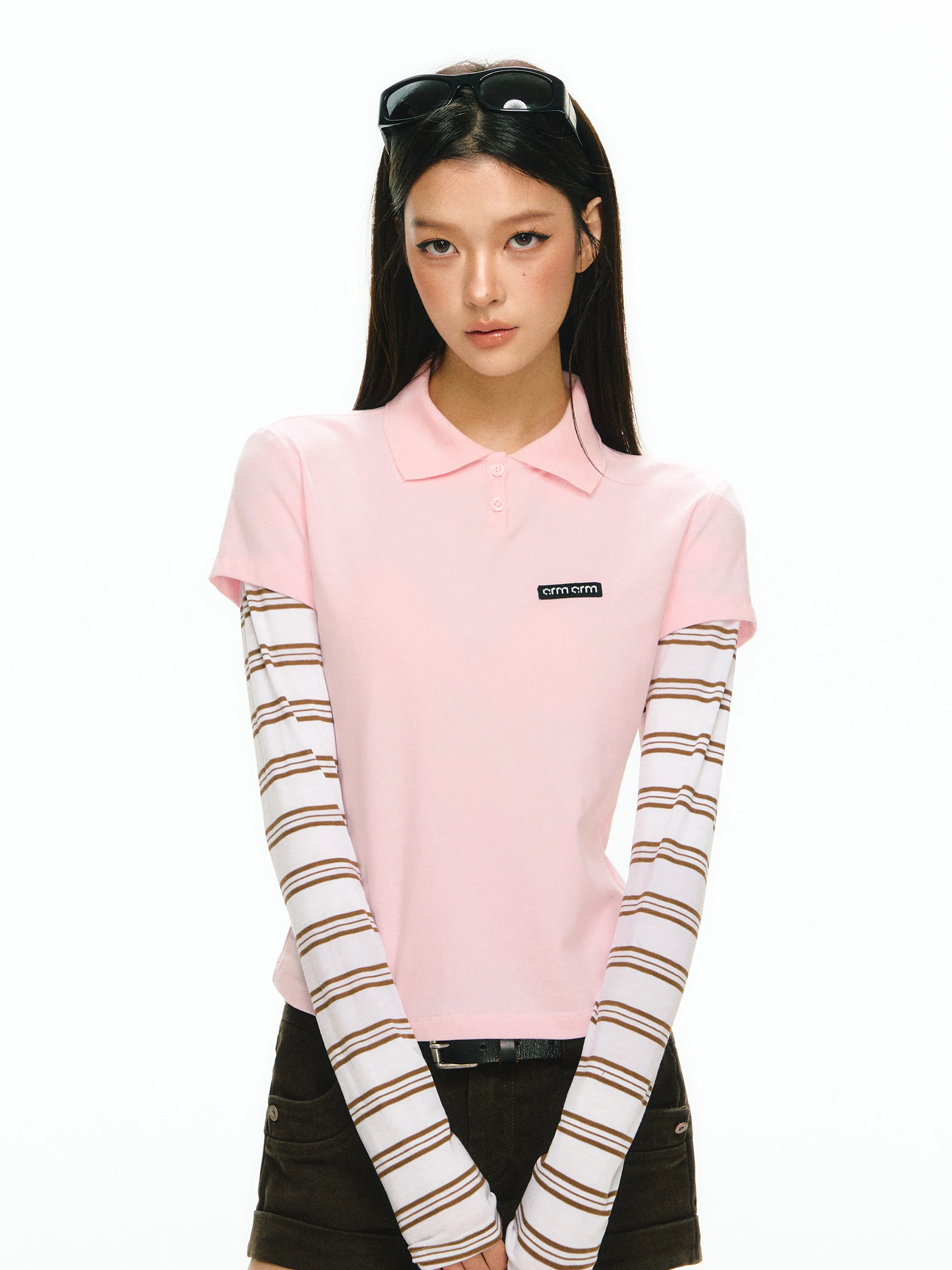 春季新作のピンクストライプ長袖Tシャツ【レトロ風・二重デザイン】（セットアップ対応）