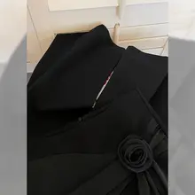 ローズプリントのシフォン生地 ハイウエスト ワイドレッグパンツ【女性用・流れるようなシルエット・ブラック】（セットアップ対応）
