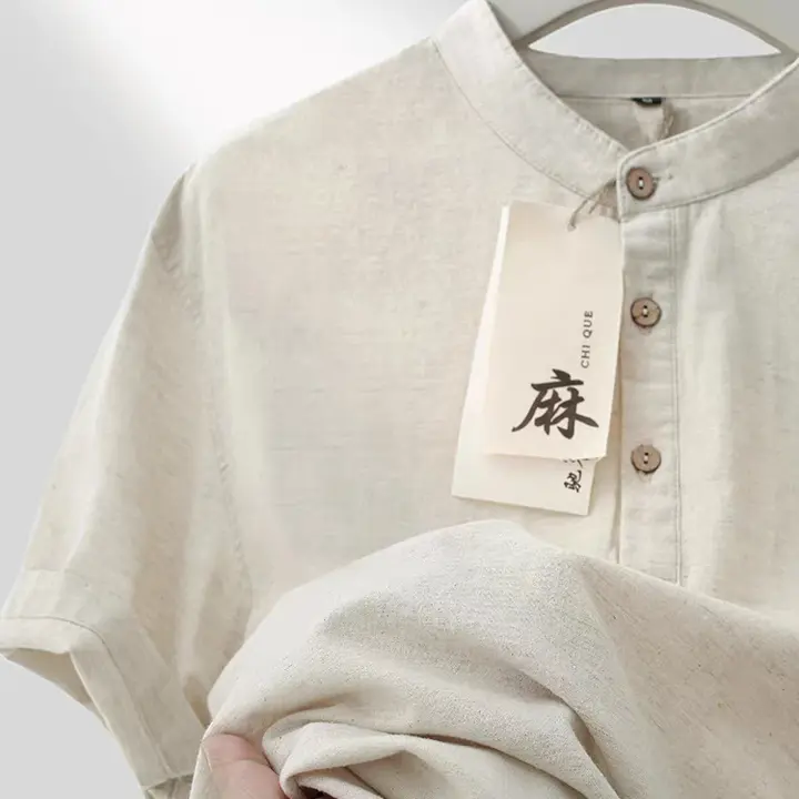 スタンドカラーTシャツ メンズ 綿麻 チャイナテイスト 半袖 ゆったり 大きいサイズ 薄手 カジュアル 夏