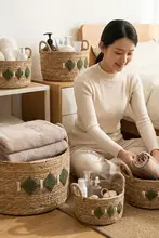 蒲草製収納バスケット【幾何学模様・手編み・猫用ベッド・ランドリーバスケット】