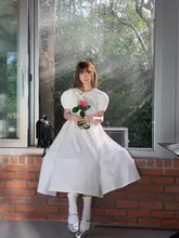夏用の無地パフスリーブ中長ワンピース【魔女と天使デザイン】