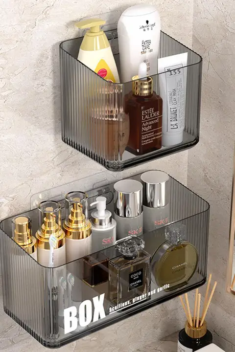 壁掛けミラーキャビネット付き収納ボックス【穴あけ不要・洗面台用・化粧品収納】