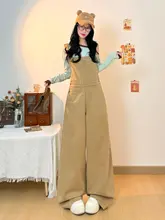 カジュアルなデニムオーバーオール【春用・ワイドシルエット・カーキ色・女性用】（セットアップ対応）