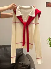白色翻领のコントラストカラー長袖ニットカーディガンとデニムパンツ【冬用・女性用】【セットアップ対応】