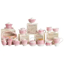 グラデーションピンクの茶具【陶器製・手描きデザイン・ティーポット・茶杯】（セットアップ対応）