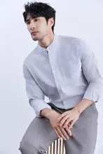 秋用 メンズビジネス長袖シャツ【ストライプ・立ち襟・純綿】