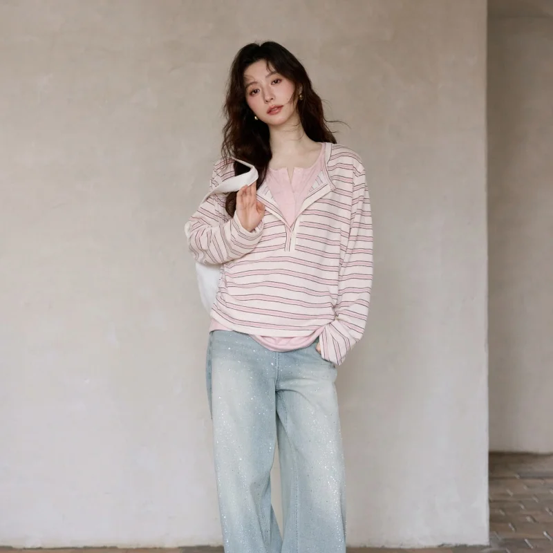 独特なデザインのピンクストライプ長袖Tシャツ【春用・韓国風・小柄向け】
