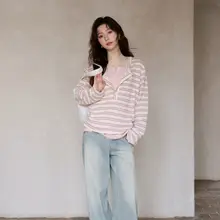 独特なデザインのピンクストライプ長袖Tシャツ【春用・韓国風・小柄向け】