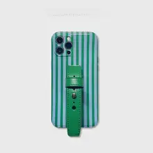 スマホケース 耐衝撃 本革 リストストラップ ストライプ スタッズ グリーン iPhone 13 Pro Max 対応