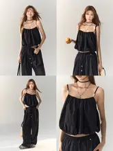 黒のカジュアルコーディネート【秋用・キャミソール・ワイドパンツ・長パンツ・春のコーデに最適】（セットアップ対応）