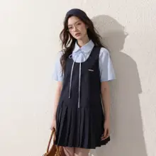 学院風デザイン！背負いベルト付きの半袖シャツワンピース【プリーツスカート・春夏用】（セットアップ対応）
