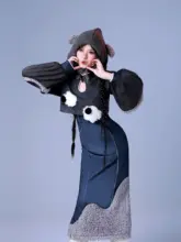 かわいらしいデザインのニット風旗袍ロングドレス【秋冬用・厚手・ストレッチ】（セットアップ対応）
