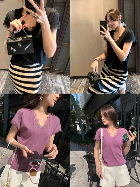 Gaby レースパッチワーク半袖Tシャツ【軽やかでコーディネートしやすい・ルーズフィット】