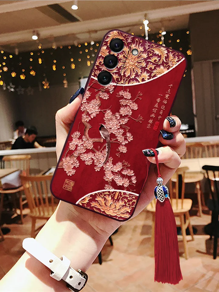 立体浮彫りデザイン サムスン Galaxy S25/S24/S23 対応スマホケース【古風花鳥・シリコン素材・衝撃吸収】
