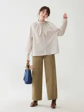 可愛いリボン付きストライプ柄コットンシャツ【春用・ゆったりサイズ】
