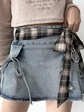 Y2Kスタイル 長方形チェック柄シルクスカーフベルト【チェーン付き・デニムパンツと相 性抜群】（セットアップ対応）