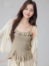 薄手のUVカット長袖カーディガン【女性用・夏季・フリル付きキャミソールと重ね着できるスタイル】（セットアップ対応）