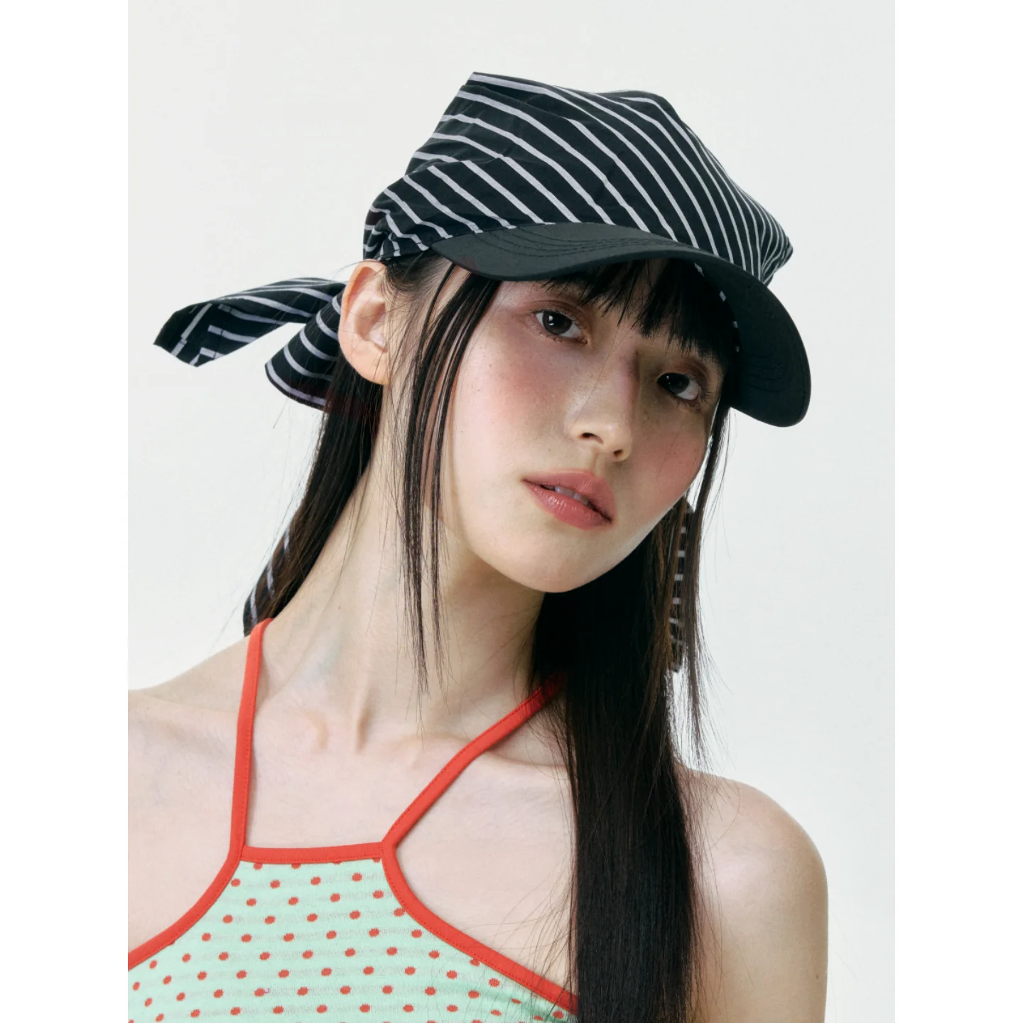 小顔効果抜群のストライプバンダナキャップ：夏用  ・日焼け防止のソフトピークスタイル