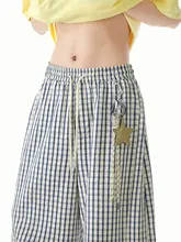 星星モチーフのチェック柄弯刀デザインパンツ【ユニセックス・春用・フィット・ロング丈】（セットアップ対応）