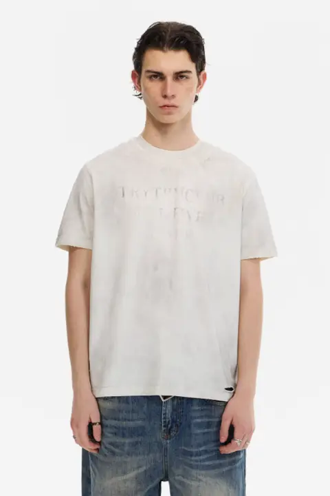 アメリカンビンテージ ダブルカラー 破れ加工 Tシャツ【ストリートスタイル・ショートスリーブ】
