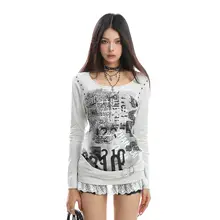 パンクスタイルのラウンドネック長袖Tシャツ【レーストリム・ドロップショルダー・秋用】