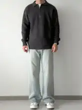 春秋用ルーズフィットプレーンデザインのウォッシュ加工デニムパンツ【ストレート・フレア】
