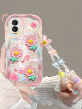 透明ソフトケース【立体水色花デザイン・全包タイプ・手首ストラップ付き】