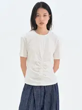 ユニークな結びデザインのコットン黒白二色Tシャツ【春夏用・ウエストシェイプ】
