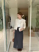 スーツ風デザインのスリット入りミドル丈タイトスカート【通勤・女性用・スタイリッシュ】