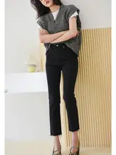 黒色 ストレートハイウエストデニムパンツ 女性 ストレッチ フリンジ ベーシックスタイル