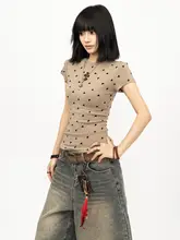 カジュアルなカーキ色ハートドット柄半袖Tシャツ【女性用・フィット感・ショート丈】