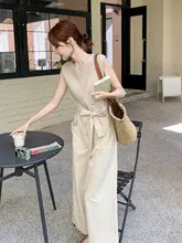 ベージュ フランス風サロペット【通勤向け・ゆったりシルエット】（セットアップ対応）