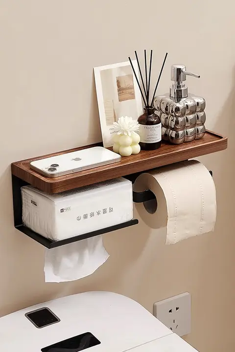 胡桃の木製 壁掛けトイレットペーパー収納ボックス【洗面所用・ティッシュホルダー】