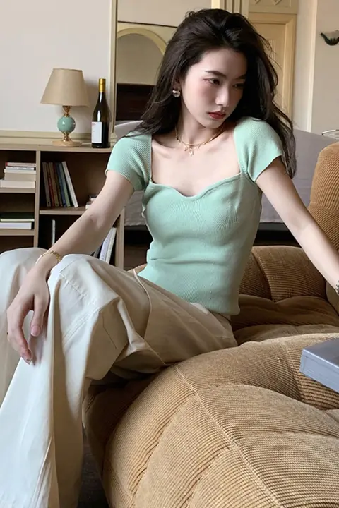 グリーンアイスシルクニットショートスリーブTシャツ【夏用・フィットデザイン・ショート丈】