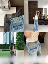 雷模様のローライズウォッシュドデニムパンツ【アメリカンヴィンテージ・ゆったり・レトロスタイル】（セットアップ対応）
