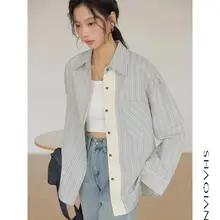 バイカラー縞模様の長袖シャツ【ゆったりしたフィット・重ね着対応・春用】