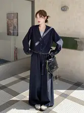 2点セット レディース ネイビー フレンチ風 ヴィンテージ ワイドパンツ おしゃれ きれいめ 上品 秋