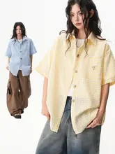 ボタン付きバブルファブリックシャツ【チェック柄・男女兼用・半袖】（セットアップ対応）