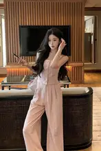 シンプルカラーの小柄用ジレとワイドパンツ【夏用・カジュアル・学院風・スリム効果】（セットアップ対応）