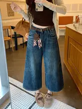 デニムパンツ レディース アメカジ ヴィンテージ ブルー ハイウエスト ルーズ ワイド ストレート クロップド 秋 「kumikumi」