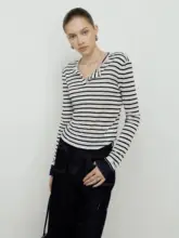 ストライプ柄の極上の柔らかさの長袖Tシャツ【レディース・クラシックなバイカラー・フィット感】