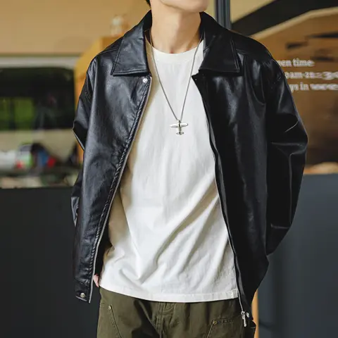 TAO | メンズ ダークブラックレザー ジャケット【ルーズフィット・春秋