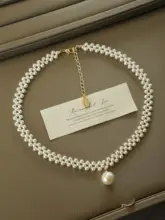 フランス風 ヴィンテージデザインの上品な編み込みパールネックレス【ロングチェーン】